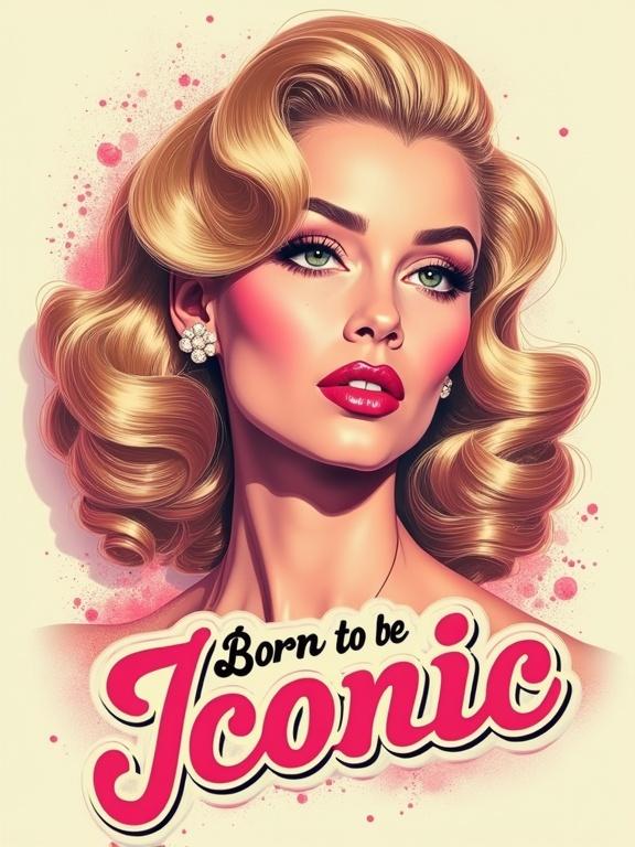 Stunning illustration of 1950's movie poster style. Graphic portrait of a woman in pin-up glamour look. Big blonde hair with pink and gold color palette. Bold typography with text “Born to Be Iconic”. Stylized fonts and aesthetic layout. Playful and empowering design suitable for t-shirts. Transparent background.