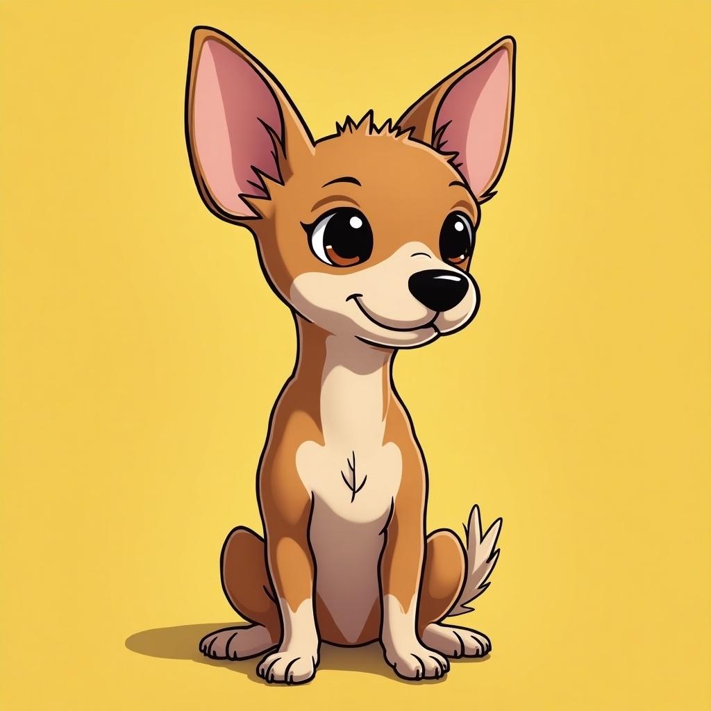 A tan chihuahua is illustrated in a cartoon style. The dog has large expressive eyes and a cute smile. The background is a solid bright yellow color.