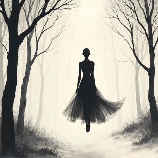 Bald human silhouette with white color fill. Floating with flowy body movement in a forest. Monochrome minimalist sketch with delicate ink lines on textured paper. Evokes a serene mood inspired by traditional Asian brushwork.