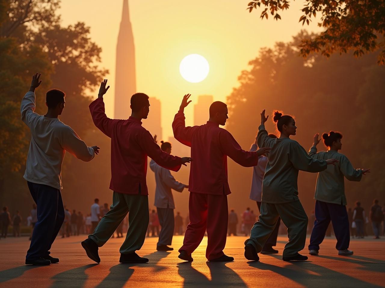 A cinematic image features a group of diverse Tai Chi Chuan practitioners performing in unison in New York's Central Park. Each individual showcases a different posture from one of the five major family styles. Some practitioners are turned towards the camera, highlighting the global reach of the practice. The scene captures the end of the day, illuminated by a bright moon during the 'magic hour' of golden light. The atmosphere is hyper-realistic, as if shot on an Arriflex camera, emphasizing the fluid movements and harmony of the group.