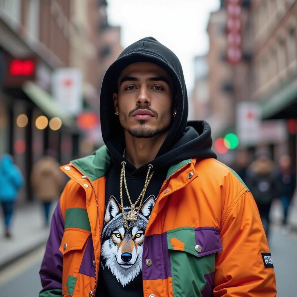 Closeup shot of a rapper on the street. Oversized hypebeast style clothing with vibrant colors. Flash close-up perspective. Wolf design on the t-shirt. Urban setting background.