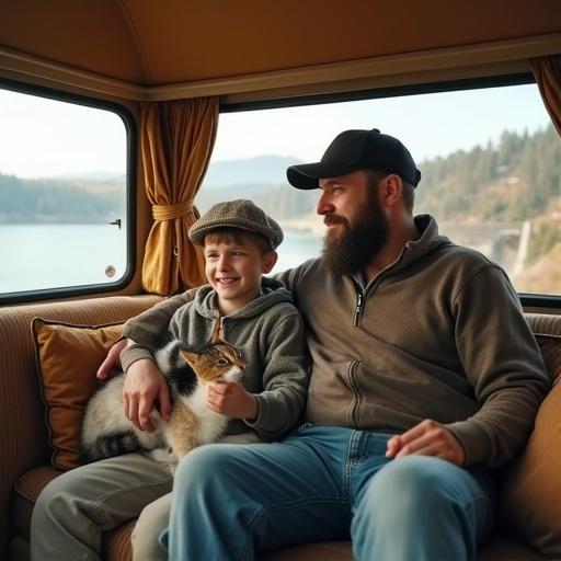 A young boy wearing a hat sits on a sofa with his father inside a tan Volkswagen van. The van is parked near a hydroelectric dam. A cat is comfortably in the boy's lap.