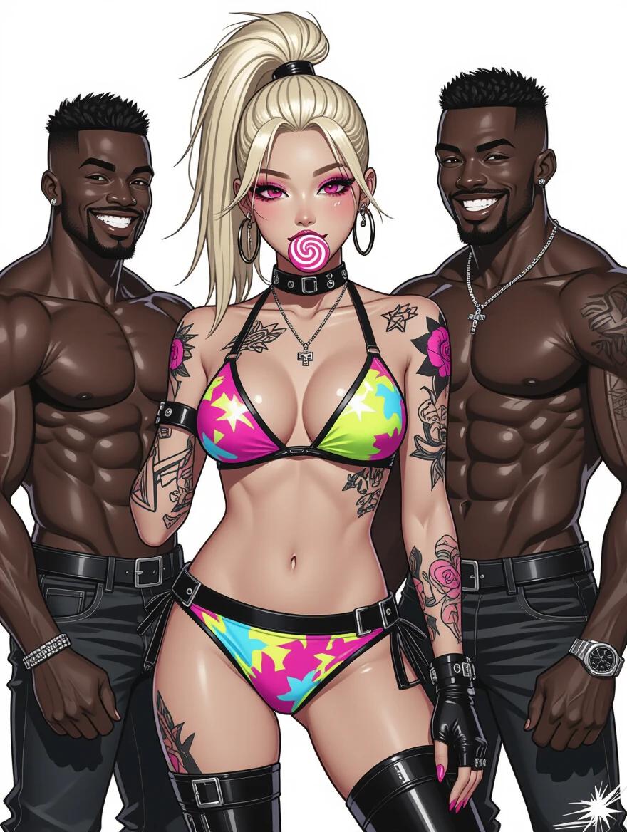 A striking female model with a high ponytail. She wears a bright bikini and features numerous tattoos. The model exudes confidence and boldness. She holds a lollipop in her mouth and has puffy lips. Two muscular men stand beside her, they are smiling in a sly manner. The illustration showcases a black and white comic art style with an edgy cyberpunk theme.