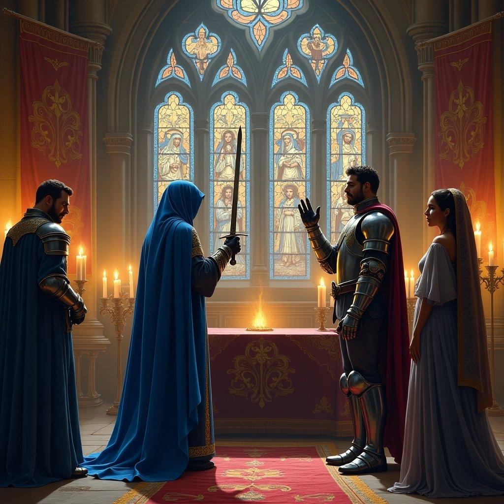 A medieval oath ceremony set before an altar. Knights and a lady present. Stained glass windows in the background with warm lighting. Figures in historic attire with symbolic elements.