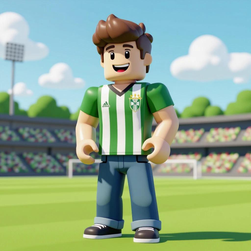 A Roblox character is dressed in a green and white Botafogo jersey. The character stands confidently on a soccer field. The background shows a vibrant stadium with fans. The character has a friendly expression and casual pose.