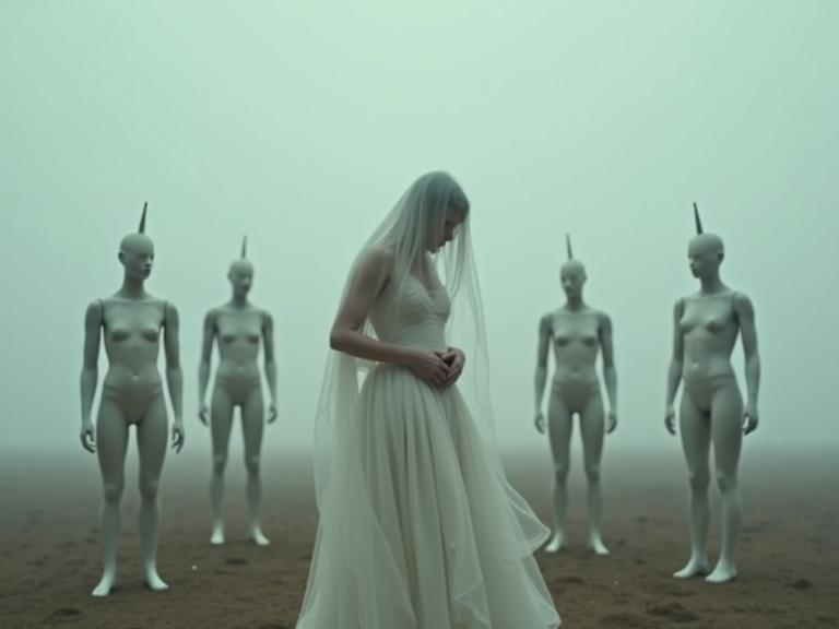 Create a surreal scene in an open field under a muted sky. Center a woman in a flowing white gown among lifeless mannequins. Use muted colors to evoke isolation and transformation.