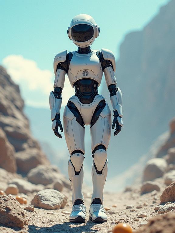 A futuristic robot in a t-pose stands on rocky terrain. The robot features a sleek design with white and metallic accents. Background includes natural landscape elements.