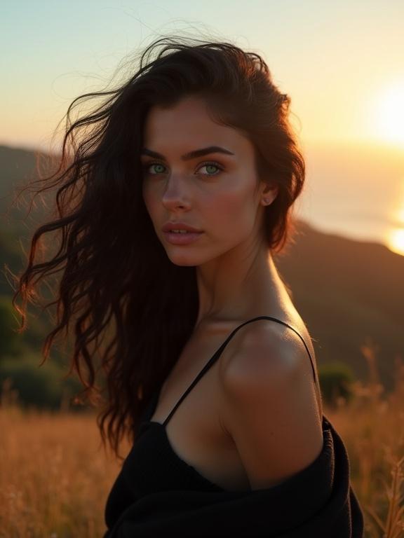 Cinematic close-up photo of a woman watching the sunrise over ancient grassy hills. She has flowing black hair with waves. Warm atmosphere with golden tones. Elegant pose wearing a black tank top and shawl. Nature background with soft lighting. Portrait captures deep emotion and beauty.