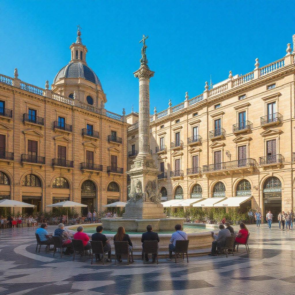 A vibrant scene at Piazza Quattro Canti in Palermo. Focus on the central fountain and surrounding architecture. People seated nearby enjoying the atmosphere. Clear blue sky above.