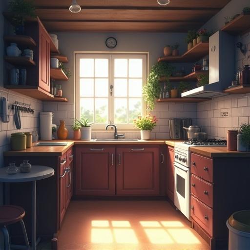 Small cozy kitchen in a student apartment. Warm colors and plants enhance the ambiance. Features a window with natural light, shelves with kitchenware, and a simple dining table.