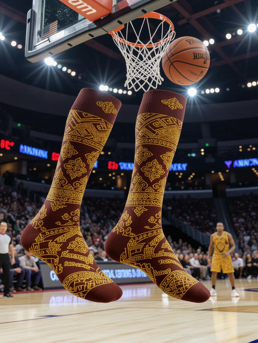 A basketball player performs a slam dunk indoors. Crew socks feature Yogyakarta Keraton batik patterns in deep brown and metallic gold. Sophisticated palace motifs are visible. Sacred babon angrem geometric patterns and royal parang klithik designs are prominent. Mega mendung cloud formations add to the design. Gold threading enhances aesthetics while maintaining functionality. The scene captures explosive athleticism and cultural celebration. Photography showcases textile artistry and modern dominance.
