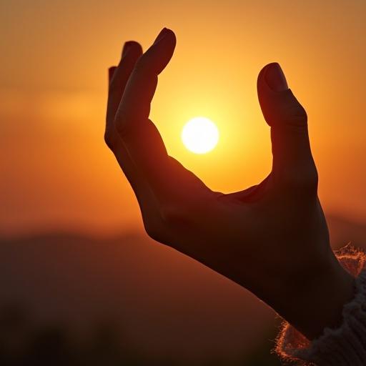 Silhouette of a woman's hand reaching toward the setting sun. Warm colors in the background. Evokes feelings of peace and inspiration.