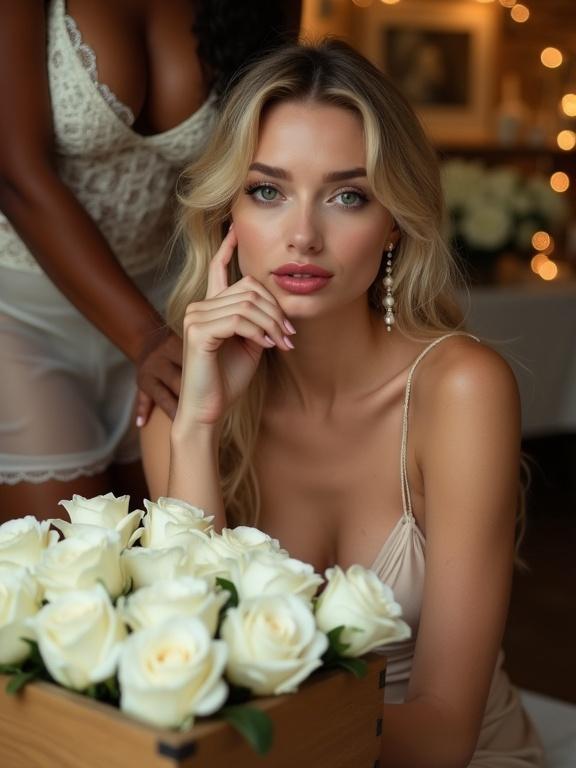 Photograph featuring a young woman with fair skin and long blonde hair styled in loose waves. She has darkly lined eyes and full red lips. Wearing a delicate sheer silk sleeveless top and pearl earrings. Kneeling and looking at the camera with a sultry expression. Right hand touching chin with light pink nails. Wooden box filled with white roses in the foreground. Soft warm golden hue in the background. A second person partially visible behind the woman in white lace lingerie with dark skin. Indoor setting suggestive of a flower shop.