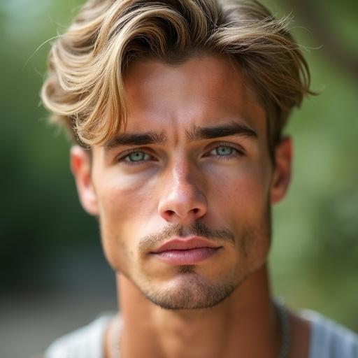 Professional medium close-up image of a handsome young man in outdoor setting. Features tousled blonde hair and tan skin. Bright blue eyes and a hint of smile. Background blurred for focus. Muscular build with defined jawline and cheekbones. Relaxed yet self-assured expression. Natural lighting enhances attractiveness.