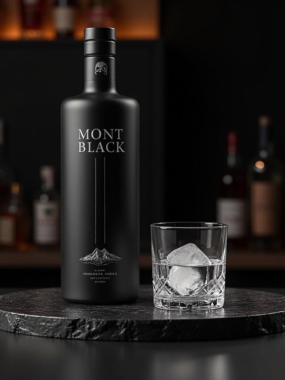 Hyper-realistic product advertisement photograph for Mont Black luxury vodka. Elegant tall matte-black bottle with platinum-embossed logo. Crystal-clear vodka inside. Positioned on dark stone serving slab. Beside it, a crystal-cut glass with oversized ice cube. Background dark with warm ambient light. Captures luxury and sophistication.