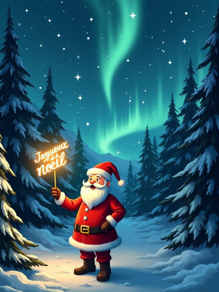 Santa in the North Pole forest writes Joyeux Noël with a glowing wand. The background shows a starry night sky with Northern lights.