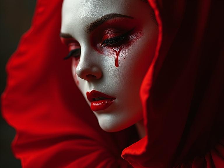 A dramatic portrait of a woman with a porcelain-like face wearing a blood-red hood. The face has red accents, including tears, set against a dark background. The lighting is soft yet striking.