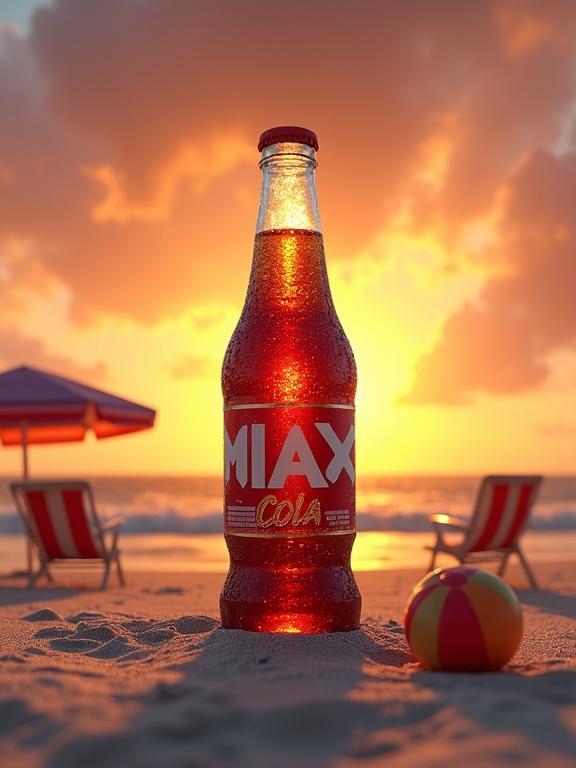 Image depicts a Maxx Cola bottle centered on a beach. The bottle is surrounded by sand, a beach umbrella, two folding chairs, and a colorful beach ball. A vibrant sunset provides a beautiful backdrop with warm hues.