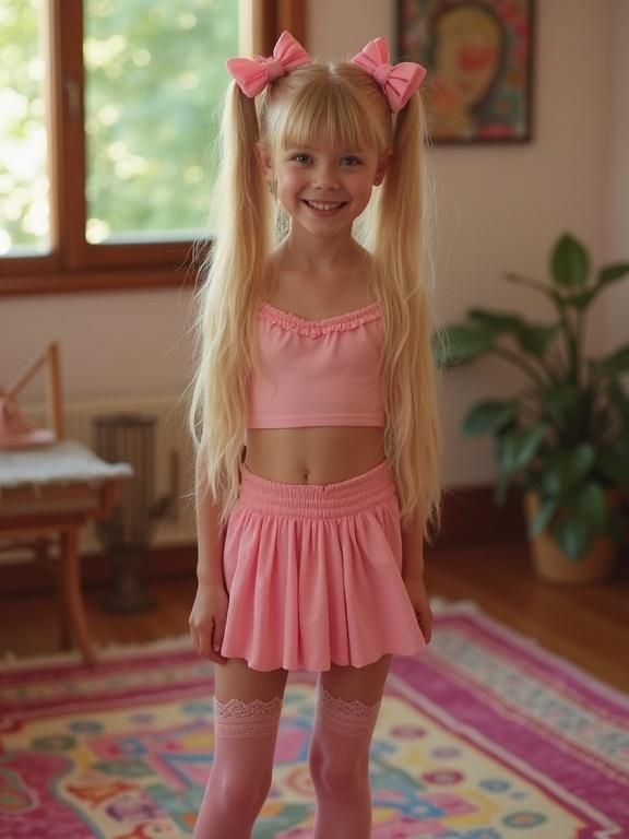A young girl with long blonde hair styled in twin tails and pink bows stands in a living room. She wears a crop top and an ultra low-rise micro skirt. Her outfit is accessorized with thigh-high socks featuring lace details. The scene is bright and colorful, with a focus on youthful fashion and charm.