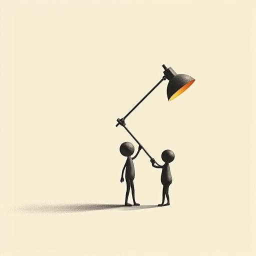 Minimalist illustration of tiny human figures carrying a big lamp. Monochrome color palette used. Abstract anatomy with isolated figures. Clean background with vast negative space. Soft shadows create elegance. A modern artistic tone is present.