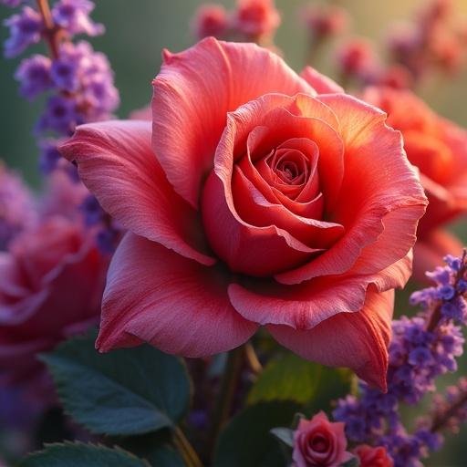Close-up of a bouquet featuring red roses and purple flowers. Background is softly blurred. Colors are vibrant with details highlighting texture.