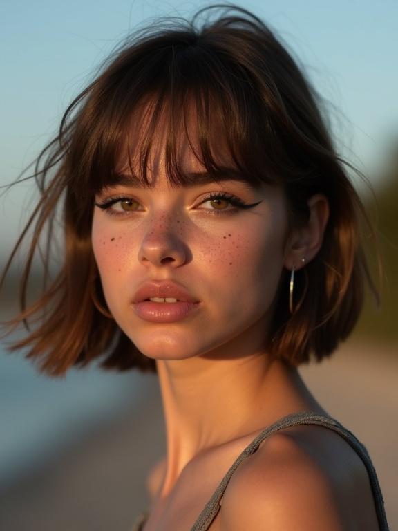 A girl poses as a fashion model. She has deep sapphire eyes and eyeliner. Her top has a low square neck. She has delicate faded freckles. Haircut is styled. Setting is outdoor during twilight.