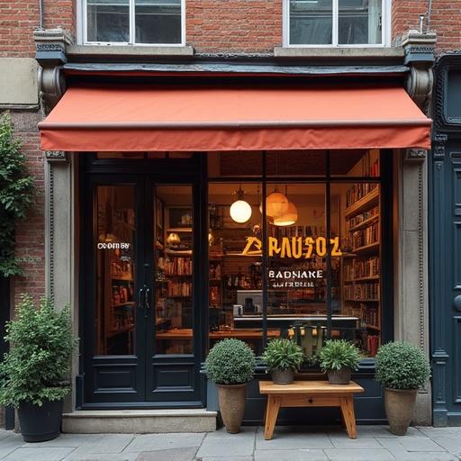 Street view of a music shop with a logo. The storefront features dark blue doors and an orange awning. Inside, bookshelves filled with records and musical items are visible. There are plants in front of the shop and a welcoming vibe.