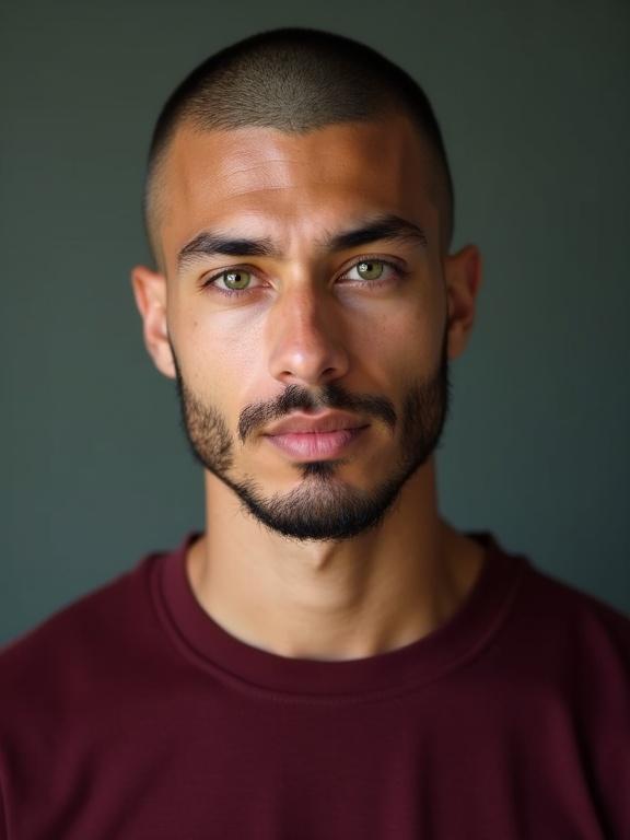 Studio portrait of a young man with bright green eyes and a closely shaved head. He has a shaved beard and wears a deep burgundy t-shirt that enhances his complexion. The background is subtle and dark.