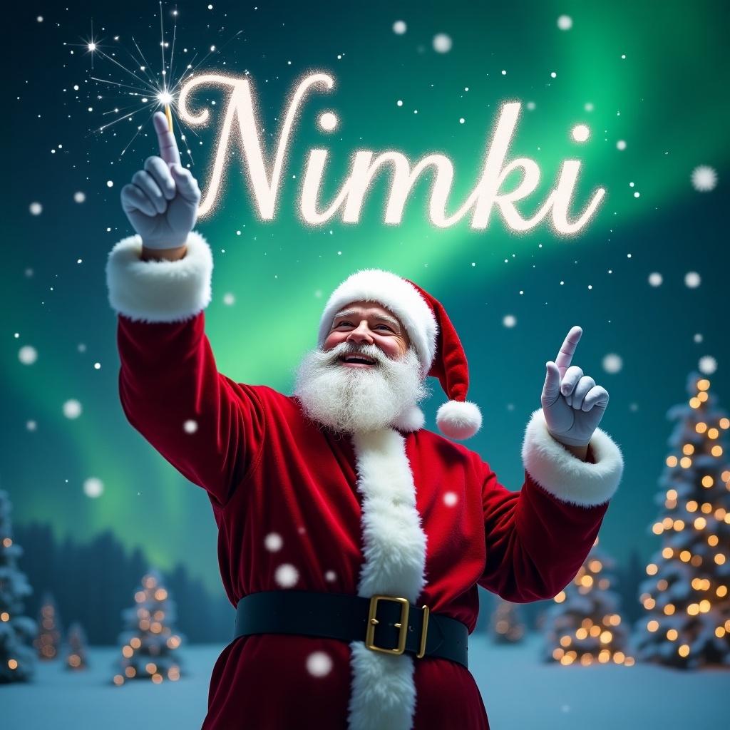 The image depicts Santa Claus in a bright red suit, happily pointing toward the sky as he gestures with a sparkling wand. He appears to be writing the word 'Nimki' in the night sky. Surrounding him are softly falling snowflakes that enhance the magical atmosphere. The enchanting northern lights create a vibrant backdrop, making the scene feel even more festive. This charming moment captures the essence of Christmas joy and wonder during the holiday season.