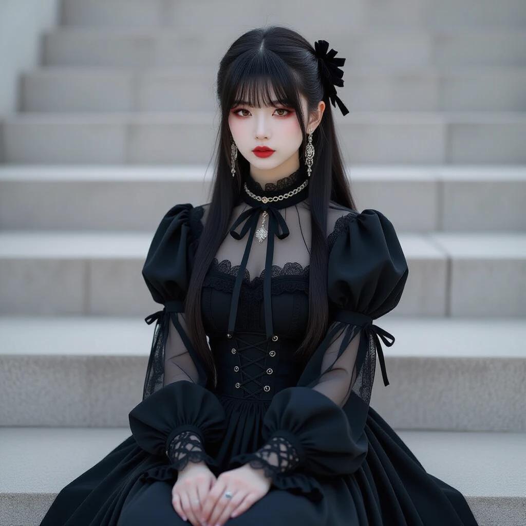 A girl in a gothic dress with black and dark red colors. She sits on stairs. Hair is long and straight with a ribbon. Makeup is bold with dark eyes and lips. She has earrings and a choker. She has a serious expression.