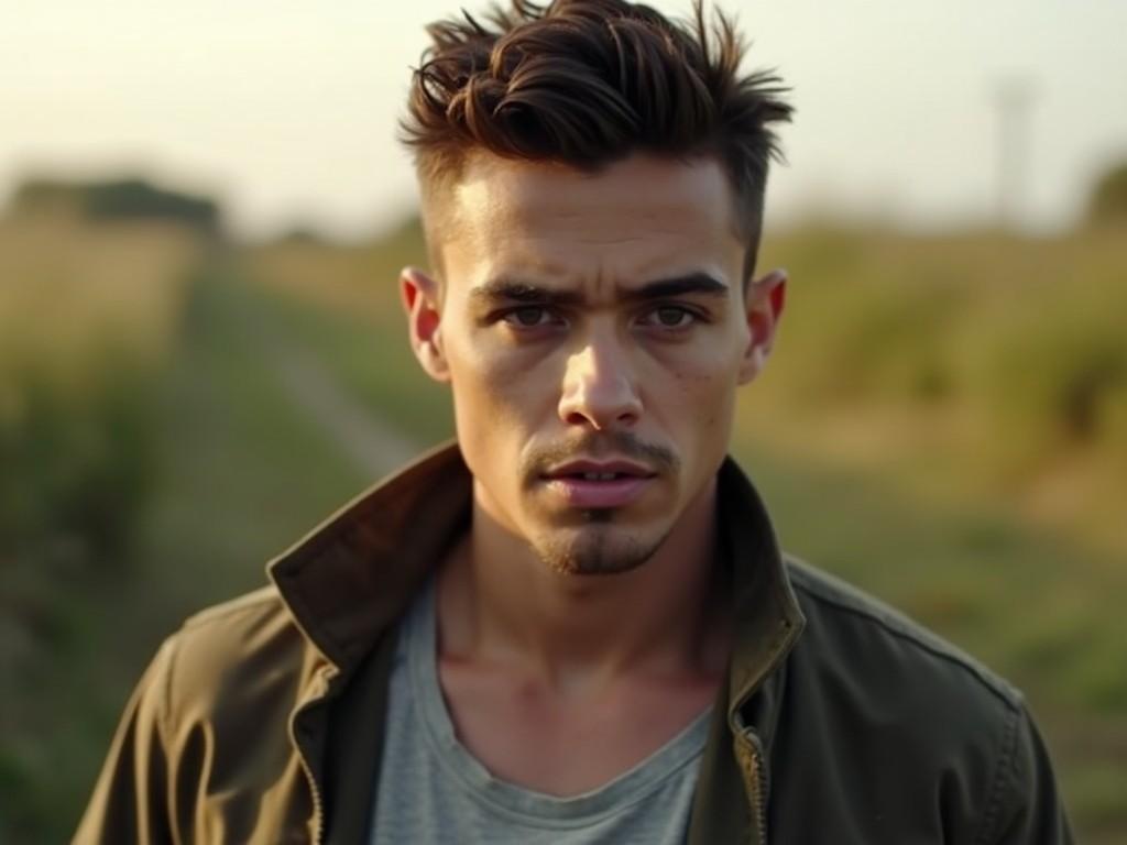 The image shows a young man in a natural outdoor setting. He has a serious expression on his face, gazing directly at the camera. The background features a blurred field with greenery. He is wearing a jacket over a collarless shirt, accentuating a casual yet stylish look. The lighting is warm, suggesting a late afternoon or early evening time. The overall mood of the photo is contemplative and intense.