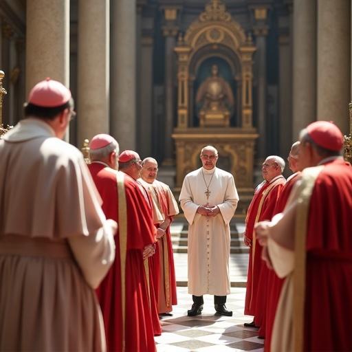Image of eight men dressed as Popes meeting with a 55-year-old man. Setting is St. Peter's Basilica with a majestic altar. Everyone is smiling and serene. Clear and detailed scene.