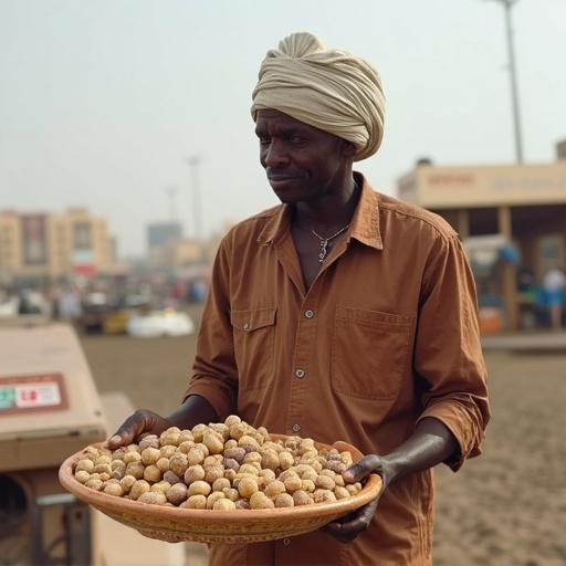 Realistic image of a man holding a tray of groundnuts in a bustling market setting. He has a light-colored turban and wears a brown shirt. Background showcases a busy marketplace atmosphere.