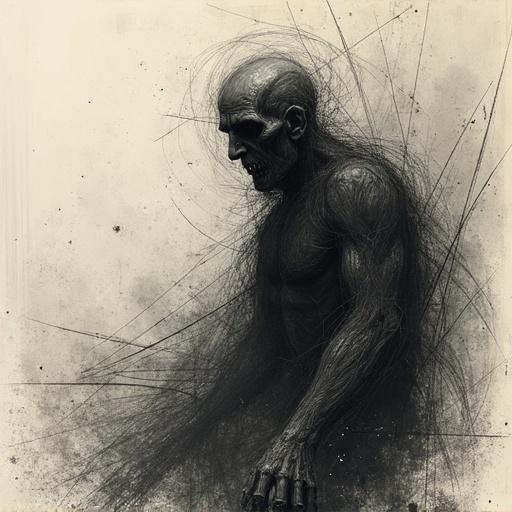 Surreal sketch of a man portraying horror in an abstract style with exaggerated features and shadowy outlines