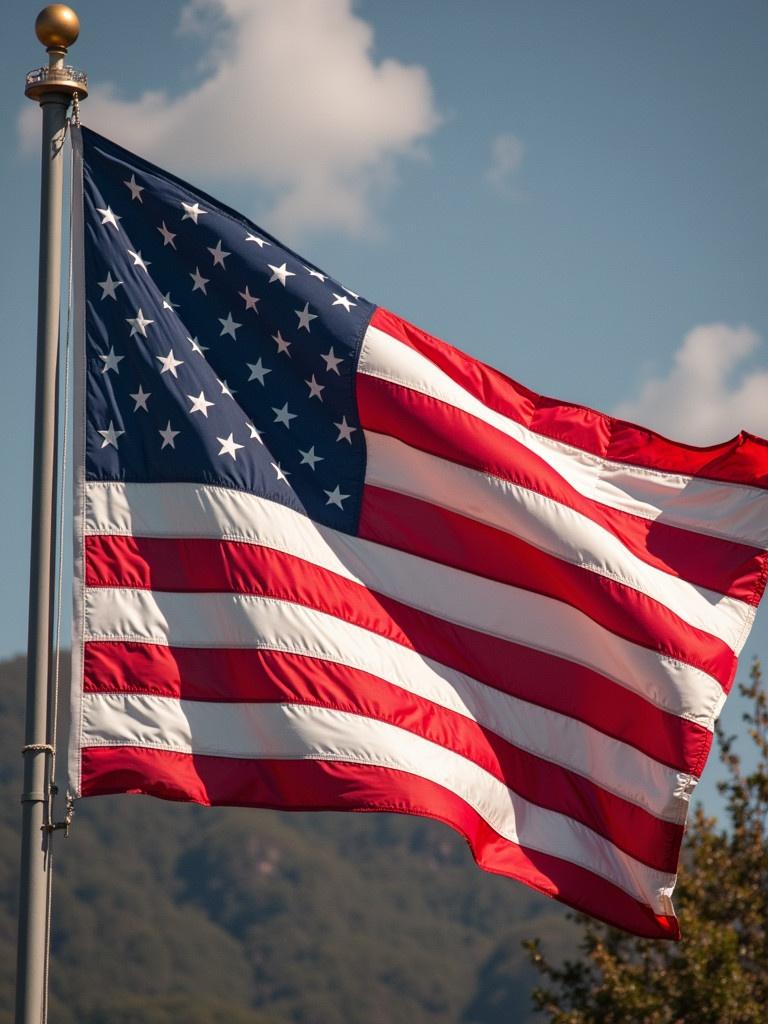 An American flag is waving in the wind. The flag displays vibrant red and white stripes with blue field containing white stars. The scene captures a bright day with a scenic background.