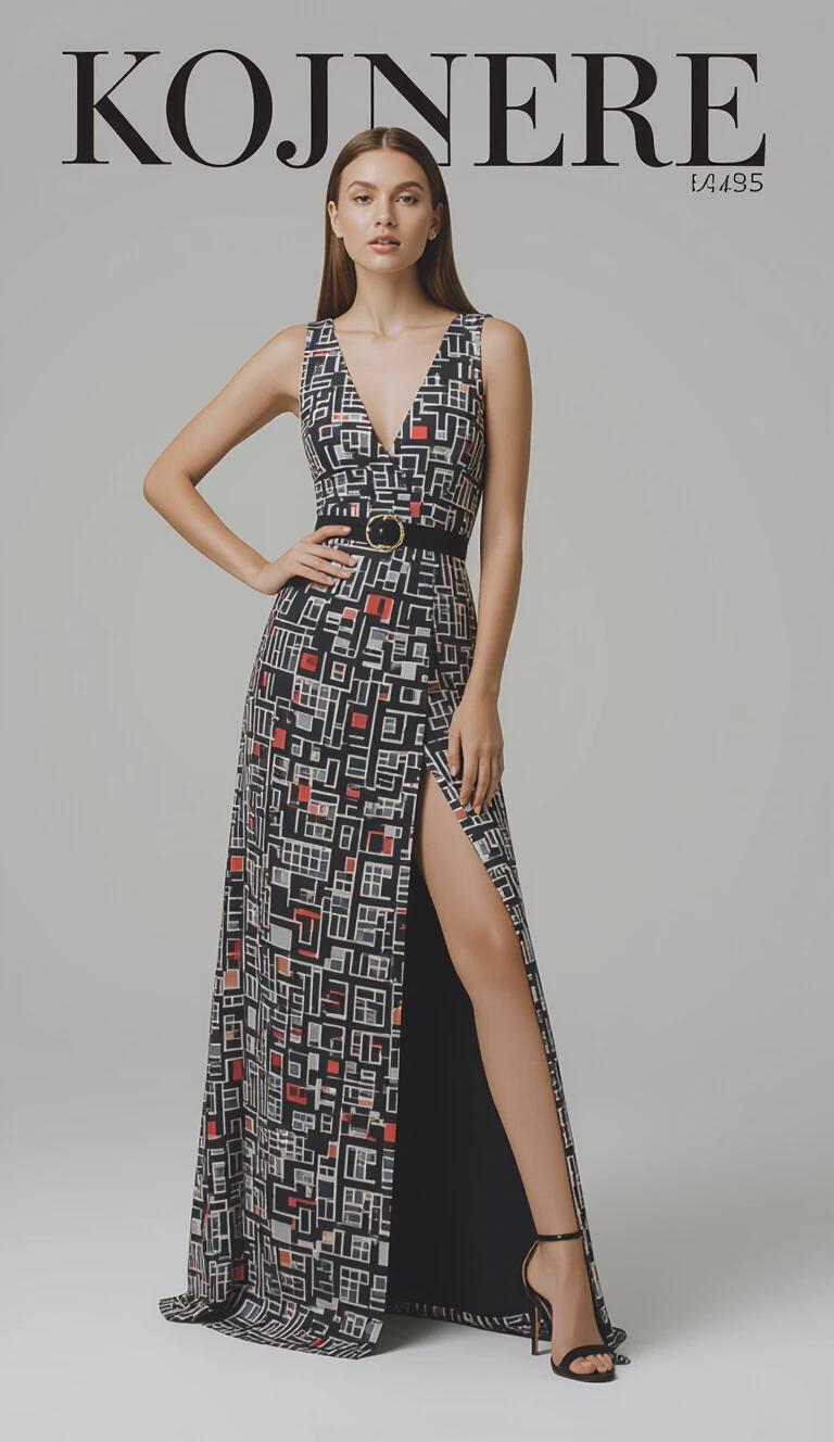 An editorial fashion portrait of a confident woman standing sideways in a studio. A bold and stylish dress with geometric patterns and a thigh-high slit is worn. The model poses elegantly with one leg forward and a stylish heel. Studio backdrop is neutral, emphasizing the dress.