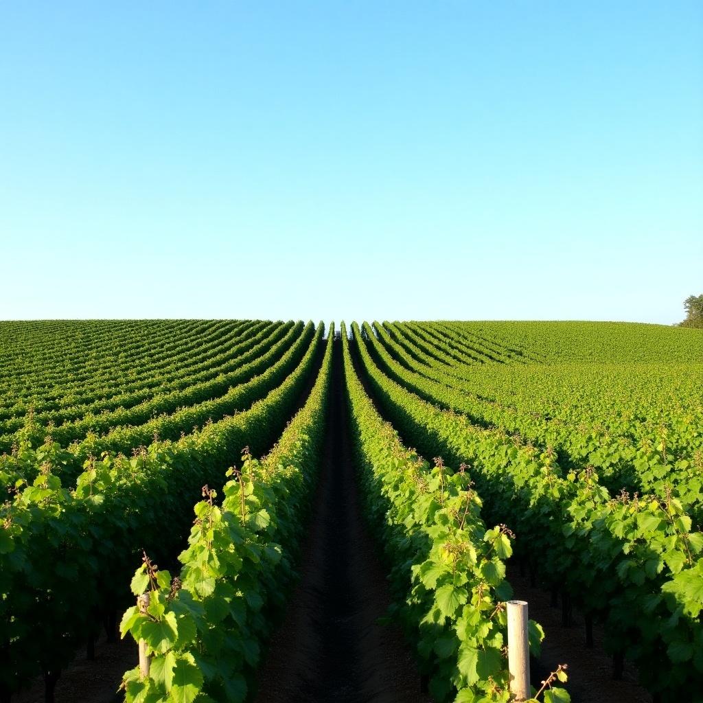 A vast vineyard stretches under a clear blue sky. Lush green vines extend into the horizon with neatly arranged rows.