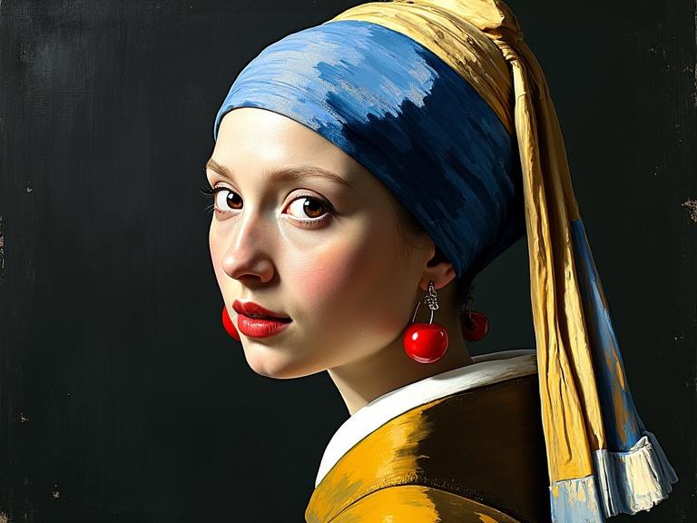 Stylized portrait of a girl wearing a blue and yellow headscarf with a cherry earring. The artwork reflects classical themes and intricate details. Soft lighting enhances features.