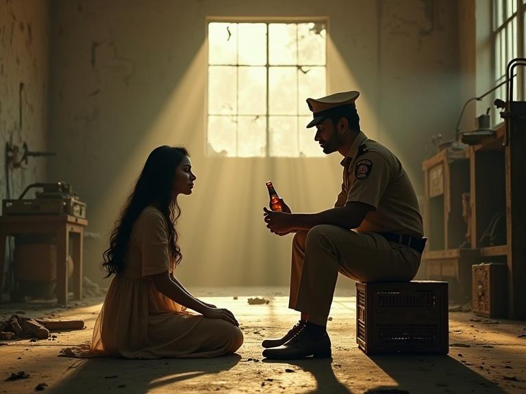 A dramatic cinematic scene with an Indian security officer in a khaki uniform and cap, sitting on a crate in a dilapidated industrial room. He faces a woman in a flowing beige dress sitting on the floor. The officer holds a bottle, offering it to the woman who gazes gently at him. The room features broken windows, rusted machinery, and cracked walls, with warm sunlight casting dramatic beams through the windows, emphasizing light and shadow.
