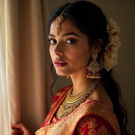 Portrait of a beautiful Indian woman dressed in traditional Indian attire with elaborate jewelry. Soft natural light accents her features.