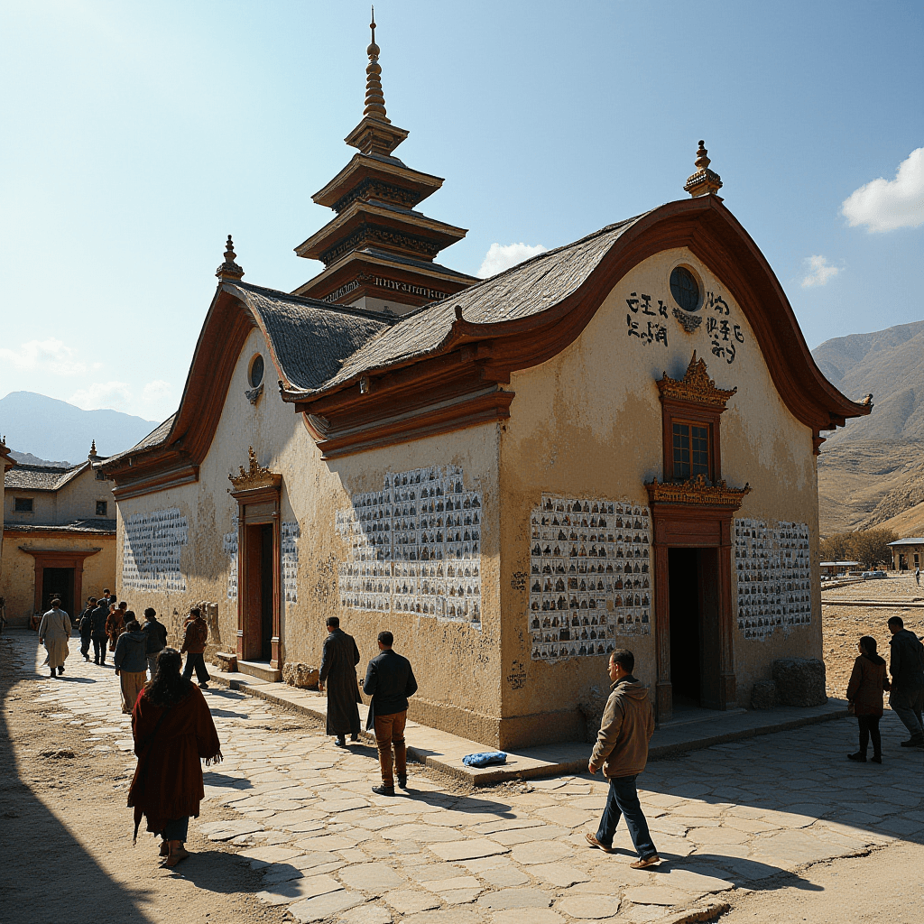 A historic temple with a traditional multi-tiered roof and intricate details, surrounded by people walking peacefully along its cobblestone pathway, set against a backdrop of arid hills and a clear sky.