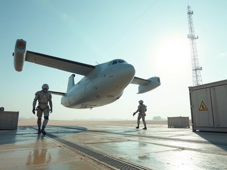 Cinematic depiction of a sci-fi dropship landing on a desert pad. Sci-fi soldiers in exosuits walk around. Bright white sun with blue sky. Silver crates and dusty metal ground. Wide lens flare effects. Detailed textures and shadows.