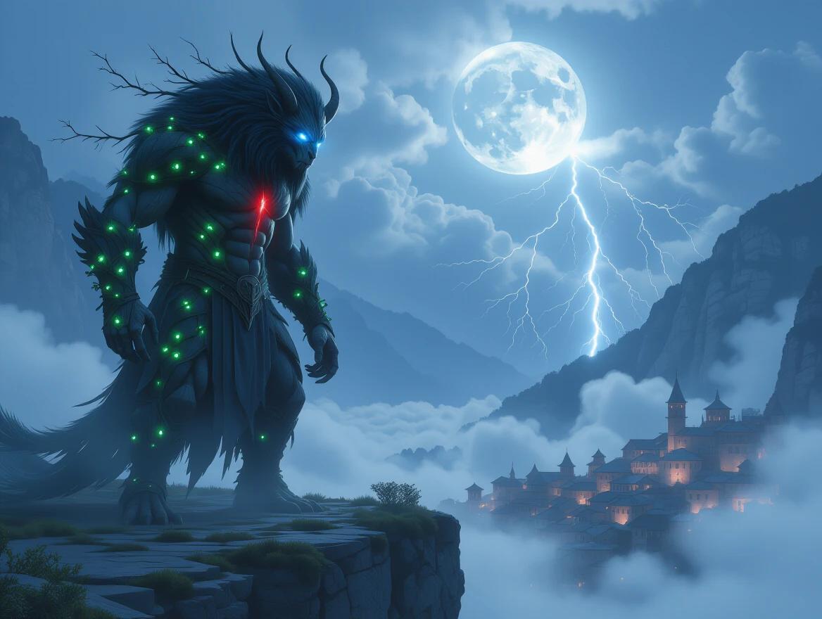 Towering humanoid beast has split features. Half body covered in glowing vines and soft fur. Other half armored in bone and scars. One eye gentle and blue; other glowing red with fury. Stands on cliff edge overlooking village. Moonlit fog on one side; lightning storm on the other. Dual nature embodied in posture. Photo-realistic and ultra-detailed image with dramatic light contrast. Cinematic creature design captured with an 85mm lens.