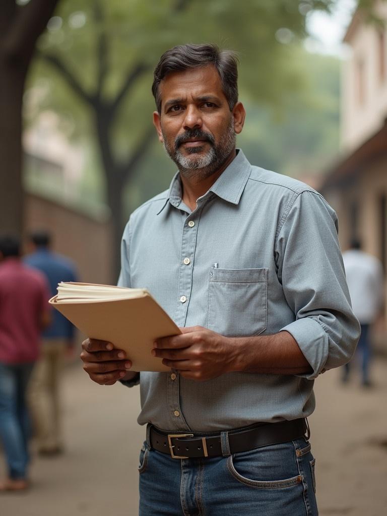 NGO worker standing on a street with files in hand. The man appears to be in his 30s. People walking in background indicating community setting. The setting reflects a professional yet approachable atmosphere.