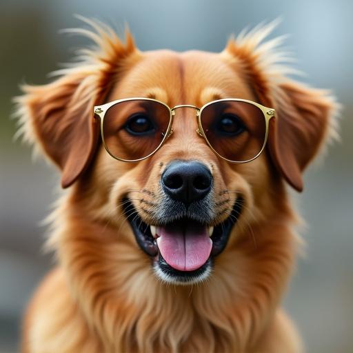 A happy golden dog smiles while wearing sunglasses.