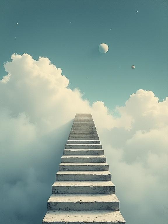 A staircase leads into clouds. No visible end. Subtle mist surrounds. Celestial bodies appear faintly. Dreamlike minimalist theme. Surreal painting with abstract forms. Textured brushwork evokes emotions.