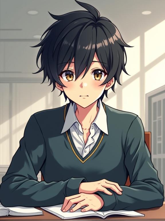 Illustration of a cute young man with black hair sitting behind a desk. The character appears aloof and is portrayed as a psychologist. The setting is bright with soft lighting.