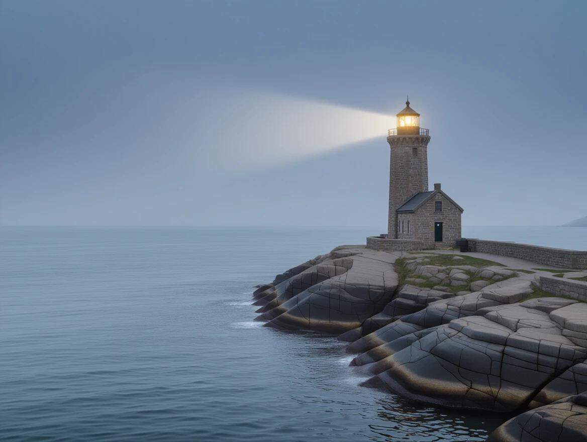 A stone lighthouse is positioned on a rocky cliff. The lighthouse stands tall in heavy fog. A beam of light shines across calm gray waves. The setting is at dusk.