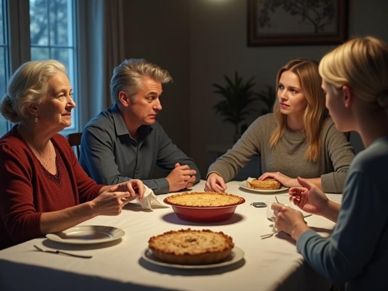A dramatic dinner scene with frozen tension. An older woman with a round face and blonde wavy hair sits at a dining table. In front of her is an untouched pie. She holds a napkin, showing uncertainty. Across from her is Lora, a slim woman with straight blonde hair, looking confidently at the older woman. Beside her is Daniel, a lean man avoiding eye contact. Two grandchildren, Jason focused on his phone and Claire picking at her fingernail, sit nearby. The atmosphere is frozen emotionally. Soft shadows and detailed expressions enhance the scene.
