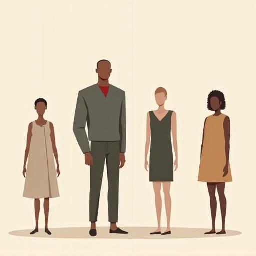 Minimalist flat vector illustration of diverse faceless human characters. Characters have abstract and quirky body types. Show exaggerated silhouettes: long limbs and squat bodies. Include large torsos and small heads with blocky or elongated shapes. Clothing is simplified in neutral, muted, or flat colors. Focus on practical everyday styles with no hyperrealism. Use an editorial conceptual illustration style featuring clean shapes and sharp color blocking with playful and expressive postures.